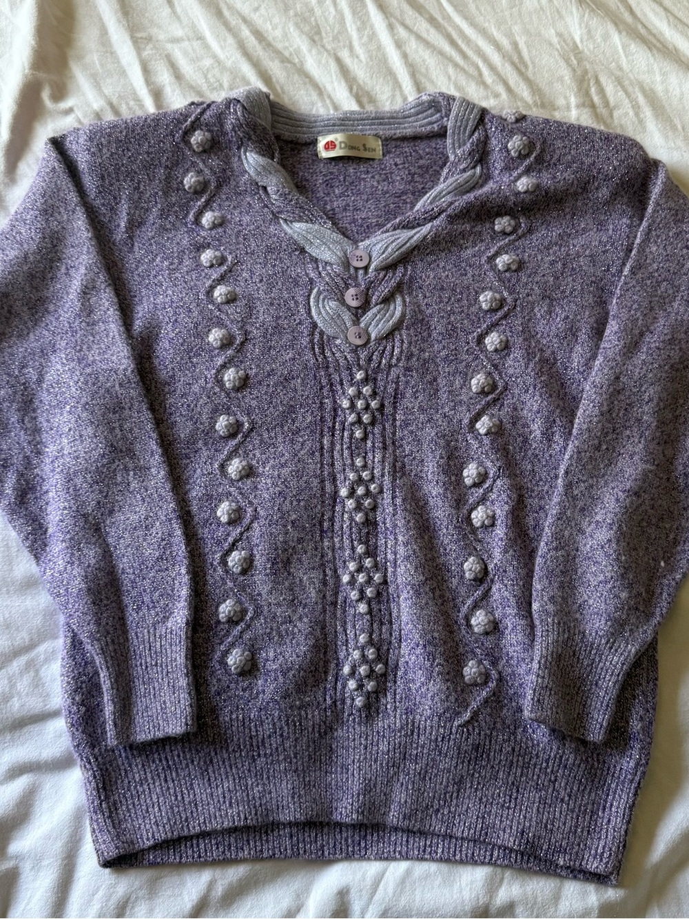 Vintage 80s Wool Blend Textured Lavender Sweater with Cable & Bobble Detail